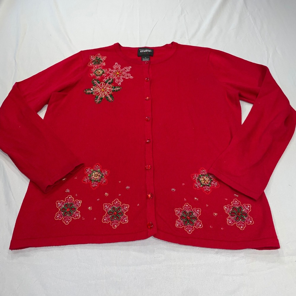 Designers Originals Studio Joy Red Beaded Snowflake Cotton Cardigan‎ Sweater M